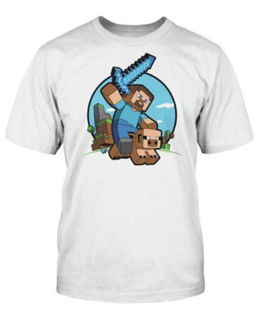 PLAYERA MINECRAFT STEVE CABALGANDO BLANCA MEDIANA