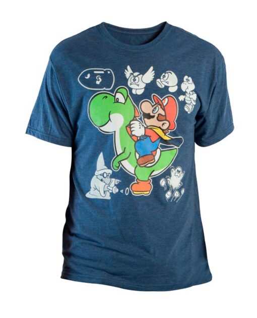 PLAYERA SUPER MARIO WORLD MARIO AND YOSHI AZUL GRANDE – Gameplanet