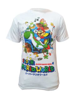 PLAYERA SUPER MARIO WORLD MARIO Y YOSHI BLANCA CHICA