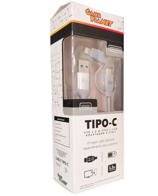 CABLE USB TIPO C CON ADAPTADOR 8 PIN PLATA 1.2M