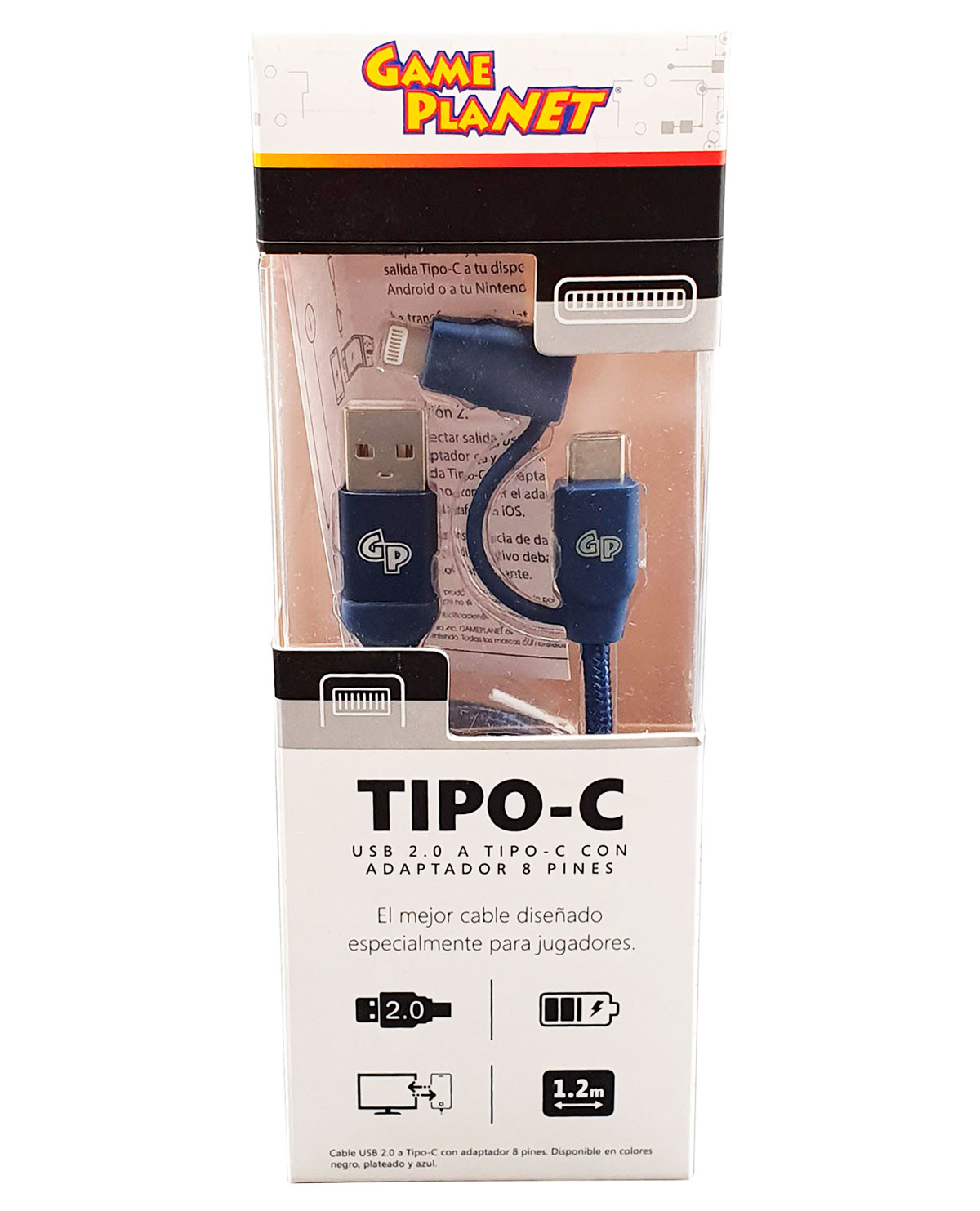 CABLE USB TIPO C CON ADAPTADOR 8 PIN AZUL 1.2M