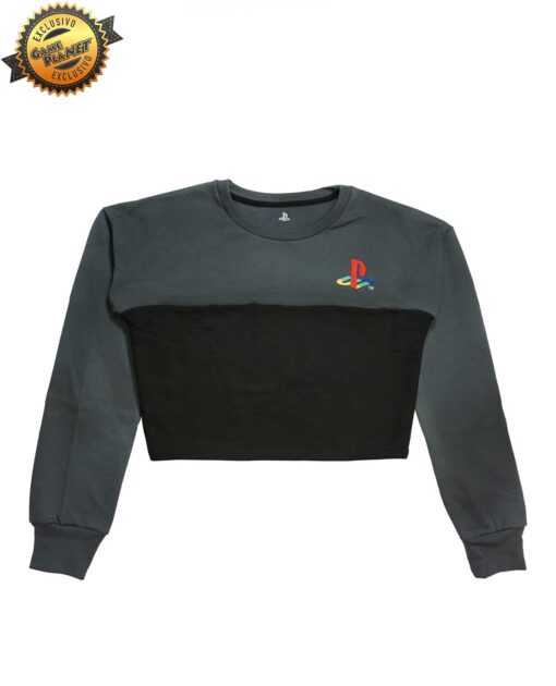 SUDADERA PLAYSTATION CROPTOP GRIS CON NEGRO LOGO GRANDE
